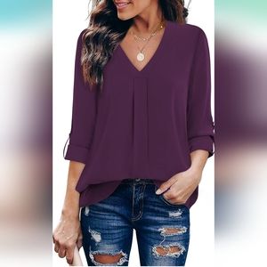 Youtalia Women's cuffed sleeve v neck causal Blouse shirt Top